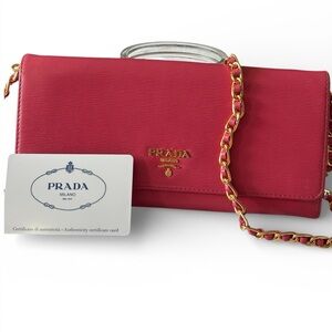 Prada Fuchsia Saffiano Leather Chain Wallet with Gold Hardware